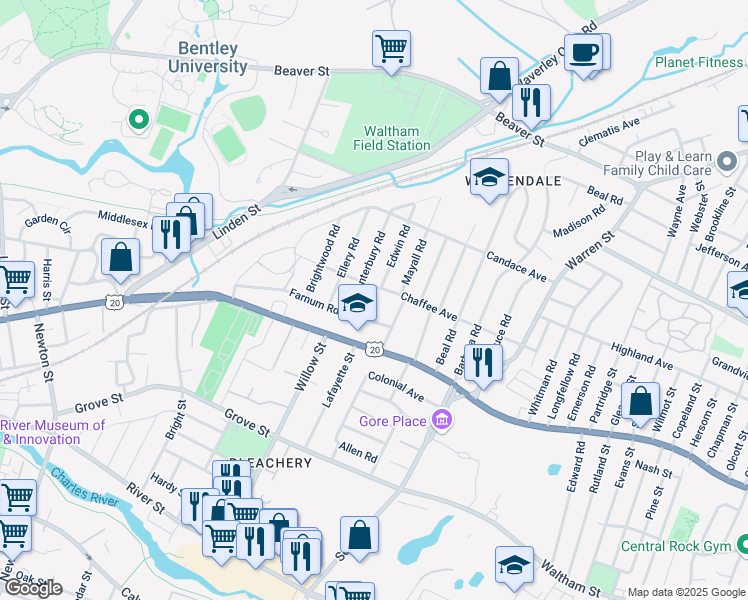 map of restaurants, bars, coffee shops, grocery stores, and more near 120 Chaffee Avenue in Waltham