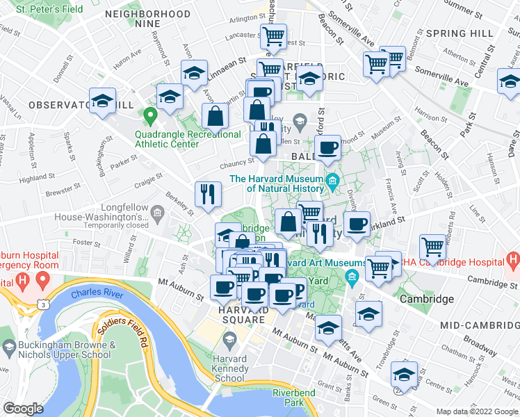 map of restaurants, bars, coffee shops, grocery stores, and more near Massachusetts Ave & Waterhouse St in Mid-Cambridge