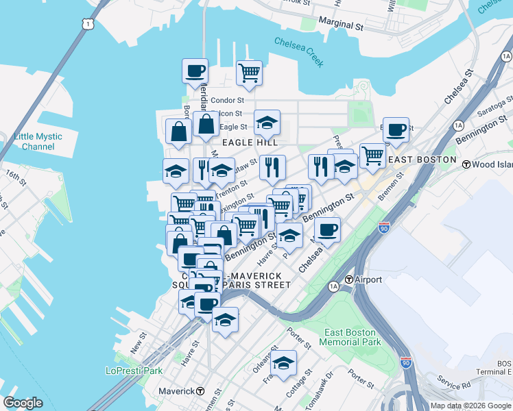 map of restaurants, bars, coffee shops, grocery stores, and more near 129 Lexington Street in Boston