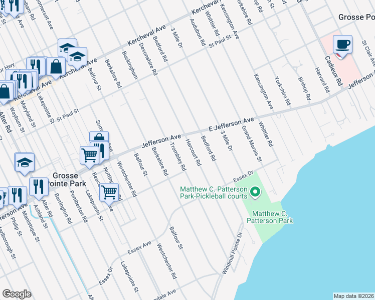 map of restaurants, bars, coffee shops, grocery stores, and more near 968 Trombley Road in Grosse Pointe Park