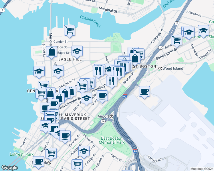 map of restaurants, bars, coffee shops, grocery stores, and more near 219 Bennington Street in Boston