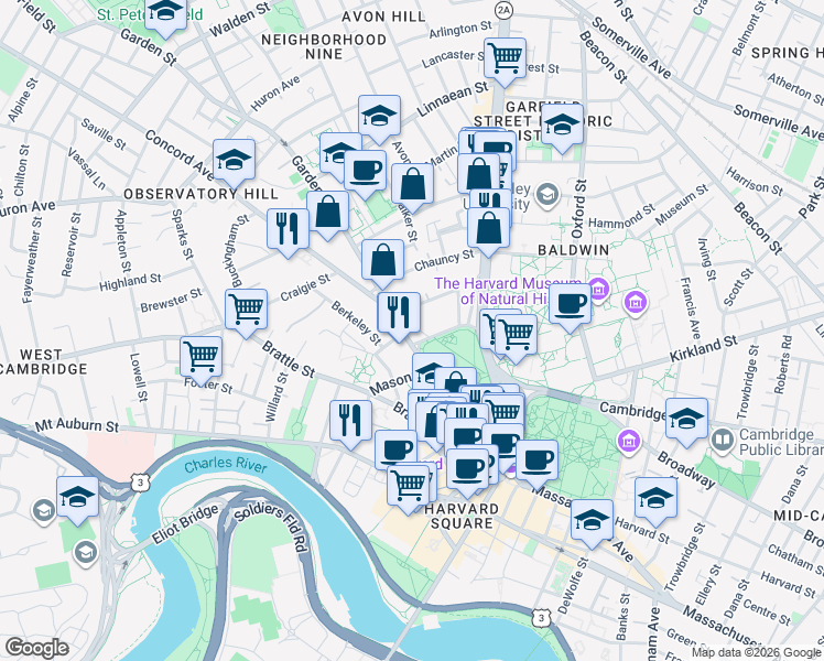 map of restaurants, bars, coffee shops, grocery stores, and more near 1 Waterhouse Street in Cambridge