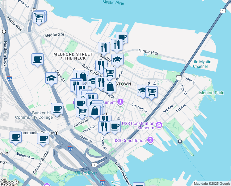 map of restaurants, bars, coffee shops, grocery stores, and more near 4 Concord Avenue in Boston