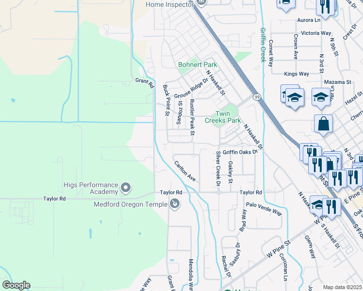 map of restaurants, bars, coffee shops, grocery stores, and more near 1017 Steamboat Drive in Central Point