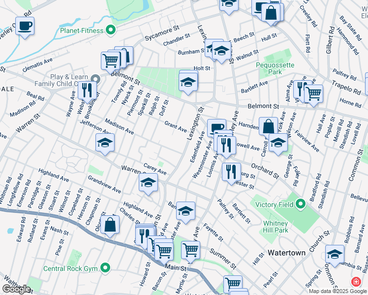 map of restaurants, bars, coffee shops, grocery stores, and more near 258 Lexington Street in Watertown