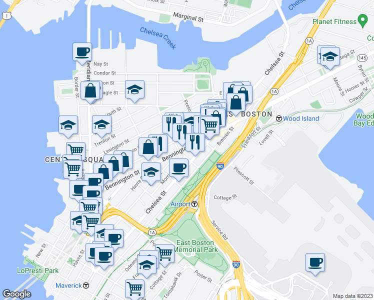 map of restaurants, bars, coffee shops, grocery stores, and more near 216 Bennington Street in Boston