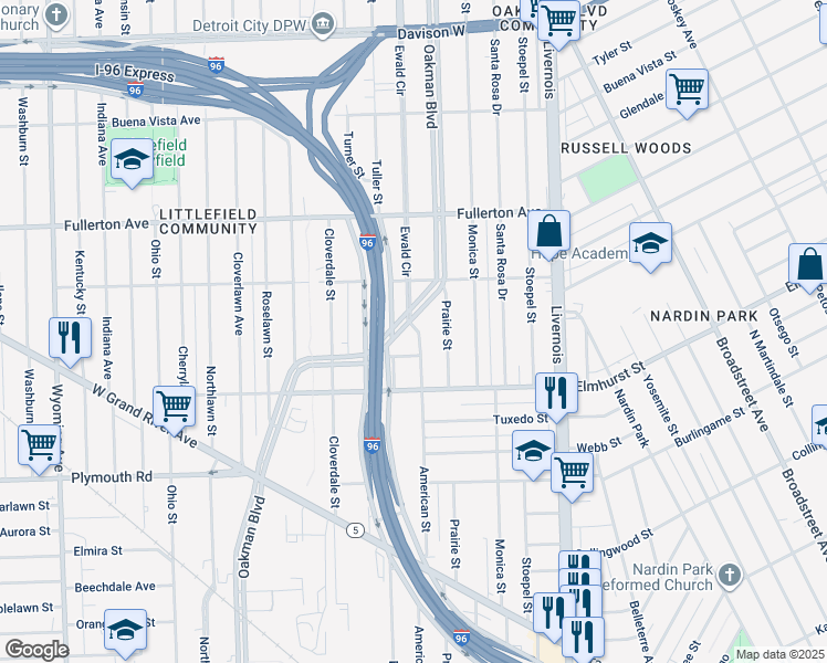 map of restaurants, bars, coffee shops, grocery stores, and more near 3675 Oakman Boulevard in Detroit