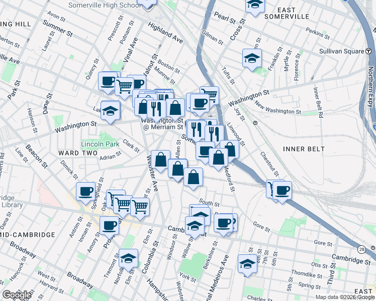 map of restaurants, bars, coffee shops, grocery stores, and more near 12 Linden Street in Somerville