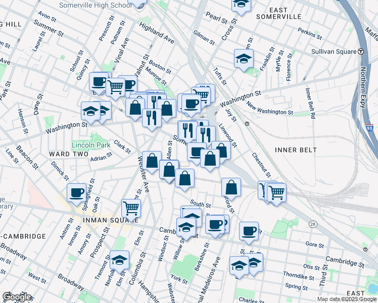 map of restaurants, bars, coffee shops, grocery stores, and more near 03 Rossmore Street in Somerville