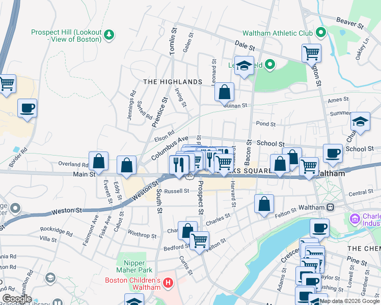 map of restaurants, bars, coffee shops, grocery stores, and more near 50 Hammond Street in Waltham