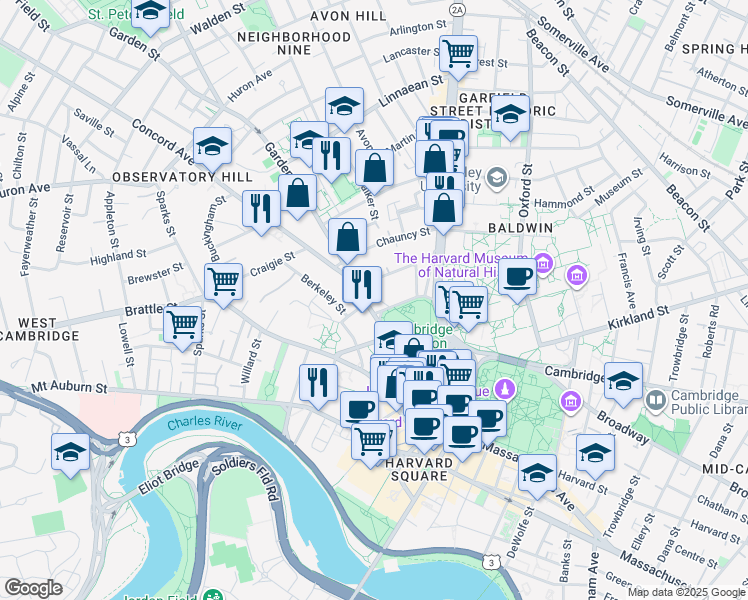 map of restaurants, bars, coffee shops, grocery stores, and more near 5 Concord Avenue in Cambridge