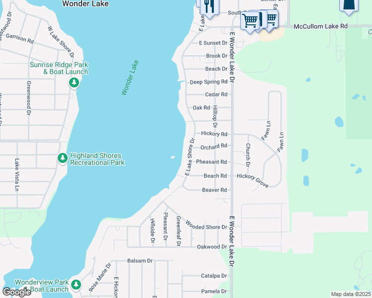 map of restaurants, bars, coffee shops, grocery stores, and more near 3511 East Lake Shore Drive in Wonder Lake