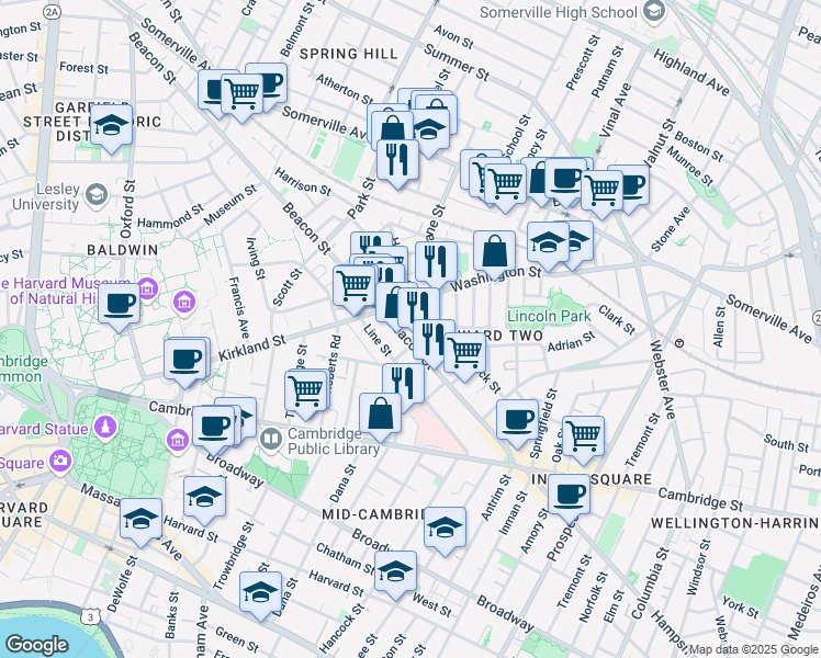 map of restaurants, bars, coffee shops, grocery stores, and more near 123 Beacon Street in Somerville