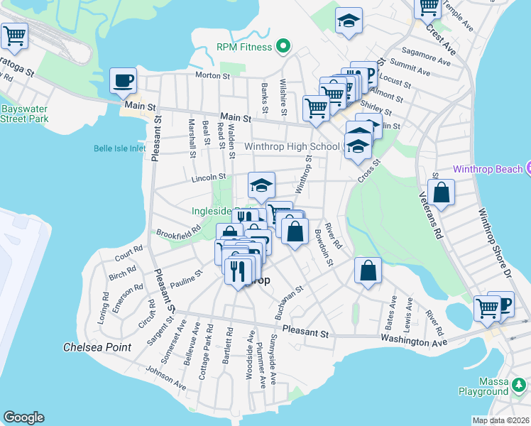 map of restaurants, bars, coffee shops, grocery stores, and more near 19 Belcher Street in Winthrop