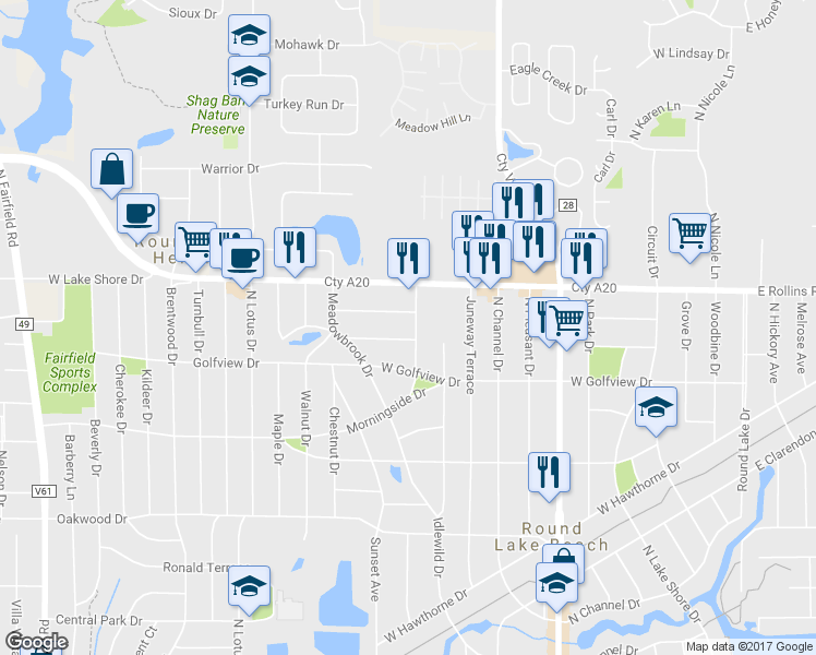 map of restaurants, bars, coffee shops, grocery stores, and more near 1610 Goldenrod Terrace in Round Lake Beach