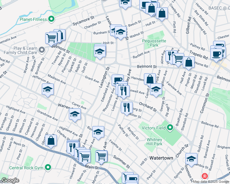 map of restaurants, bars, coffee shops, grocery stores, and more near 37 Bradshaw Street in Watertown