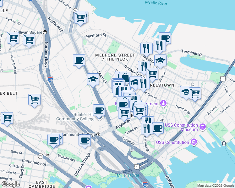 map of restaurants, bars, coffee shops, grocery stores, and more near 14 Sullivan Street in Boston