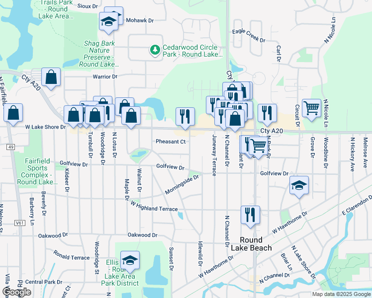 map of restaurants, bars, coffee shops, grocery stores, and more near 1610 Goldenrod Terrace in Round Lake Beach