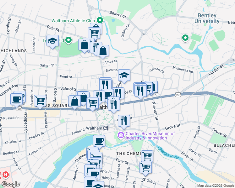 map of restaurants, bars, coffee shops, grocery stores, and more near 64 School Street in Waltham