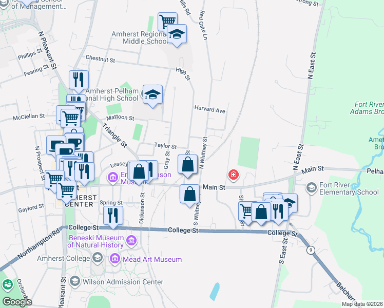 map of restaurants, bars, coffee shops, grocery stores, and more near 60 North Whitney Street in Amherst
