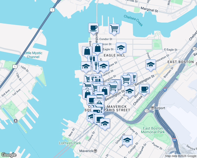 map of restaurants, bars, coffee shops, grocery stores, and more near 325 Meridian Street in Boston