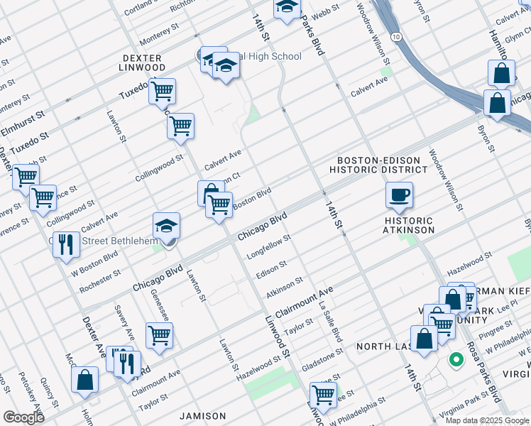 map of restaurants, bars, coffee shops, grocery stores, and more near 2445 West Boston Boulevard in Detroit