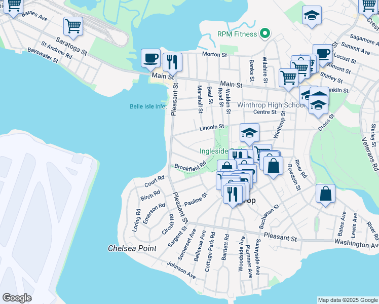 map of restaurants, bars, coffee shops, grocery stores, and more near 51 Ingleside Avenue in Winthrop