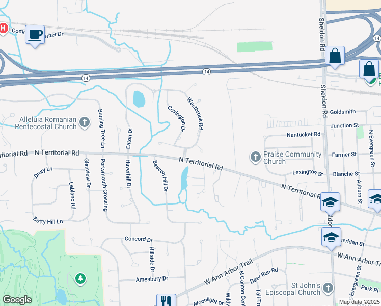 map of restaurants, bars, coffee shops, grocery stores, and more near 13516 Canterbury Court in Plymouth
