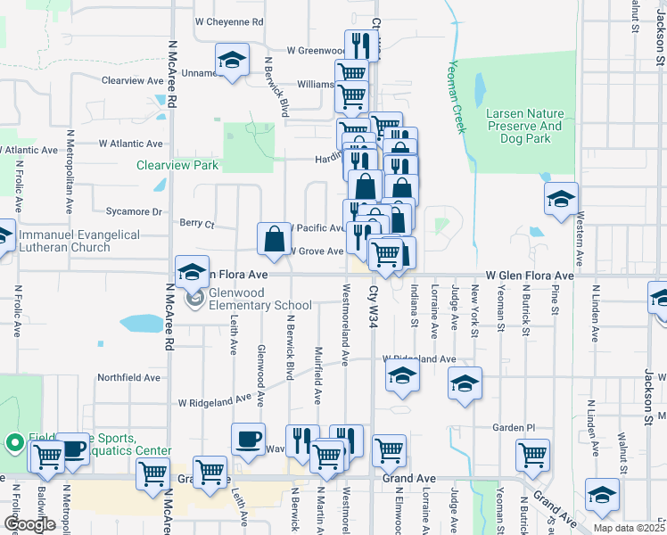 map of restaurants, bars, coffee shops, grocery stores, and more near 2017 West Grove Avenue in Waukegan