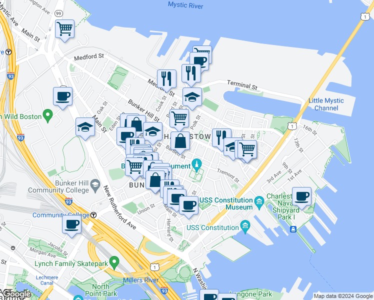 map of restaurants, bars, coffee shops, grocery stores, and more near 11 Trenton Street in Boston