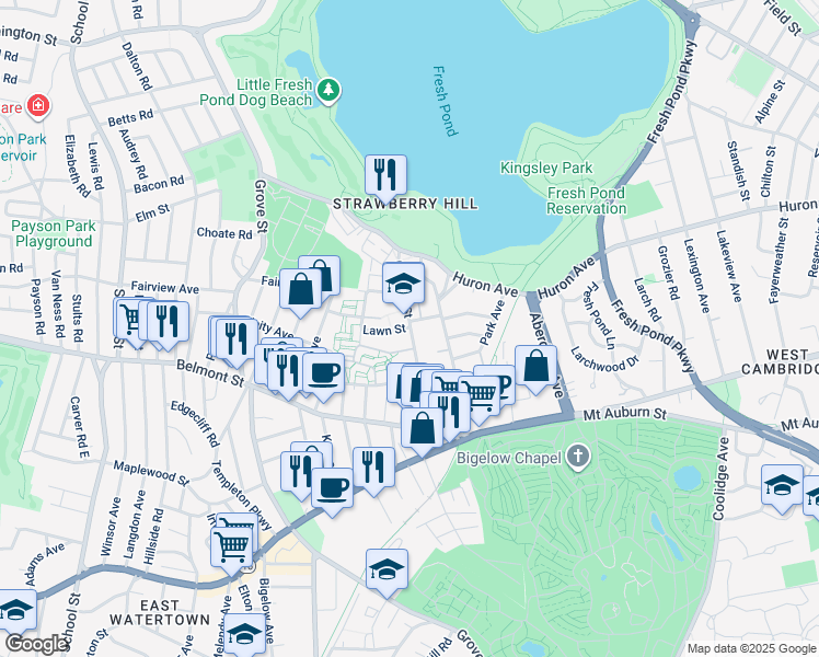 map of restaurants, bars, coffee shops, grocery stores, and more near Cushing Street in Cambridge
