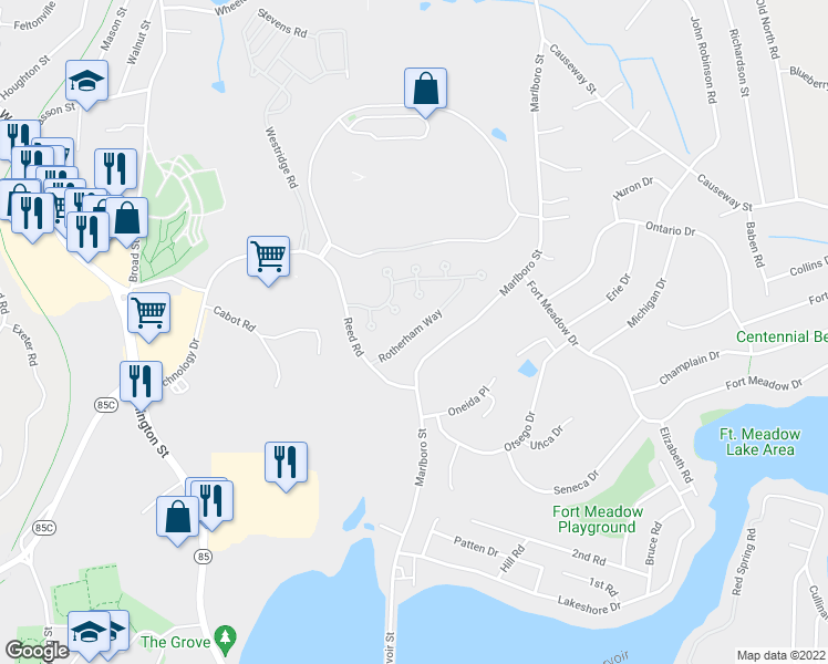 map of restaurants, bars, coffee shops, grocery stores, and more near 1 Rotherham Way in Hudson