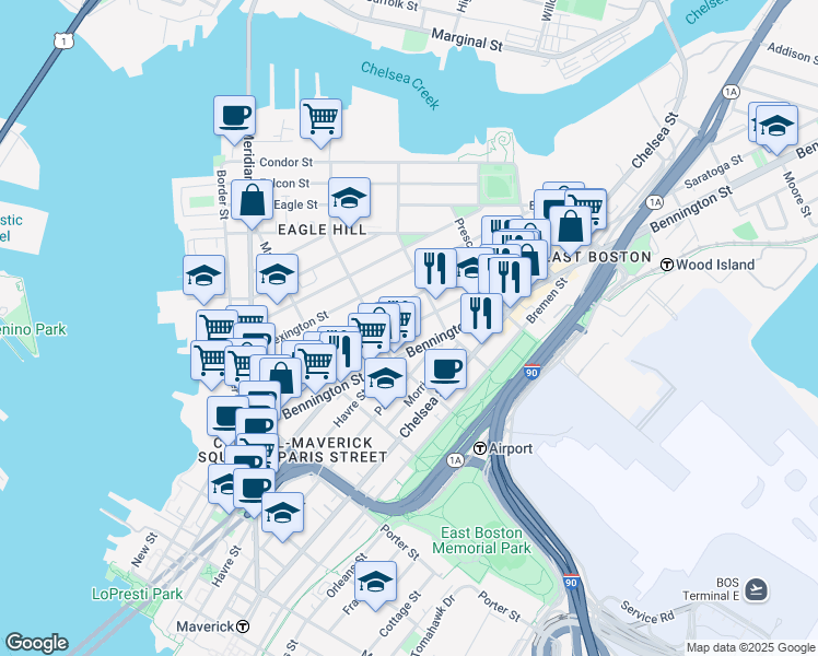 map of restaurants, bars, coffee shops, grocery stores, and more near 245 Saratoga Street in Boston