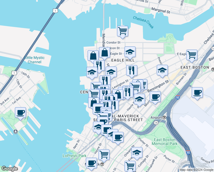map of restaurants, bars, coffee shops, grocery stores, and more near 7 Trenton Street in Boston