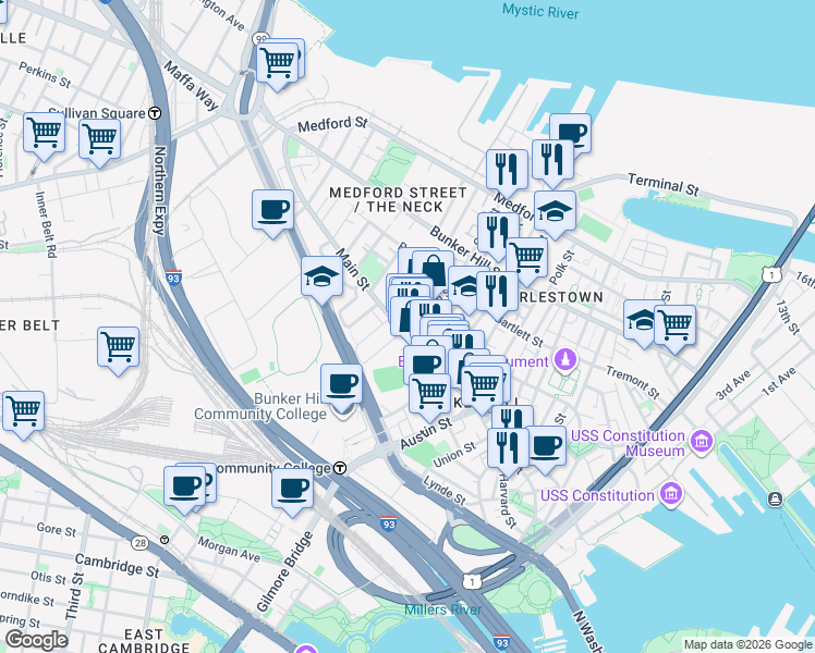 map of restaurants, bars, coffee shops, grocery stores, and more near 14 Sullivan Street in Boston