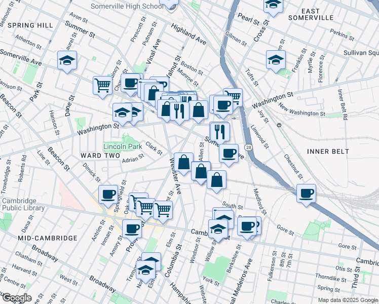 map of restaurants, bars, coffee shops, grocery stores, and more near 21 Allen Street in Somerville