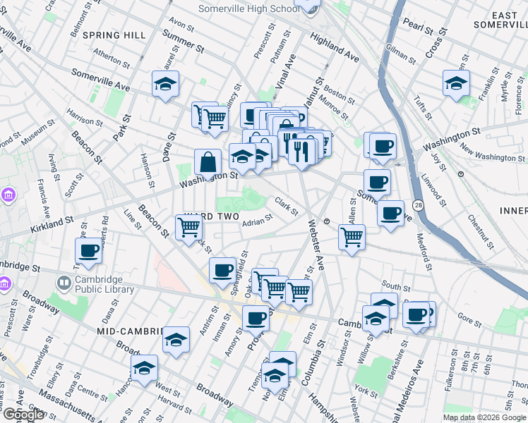 map of restaurants, bars, coffee shops, grocery stores, and more near 16 Lincoln Parkway in Somerville