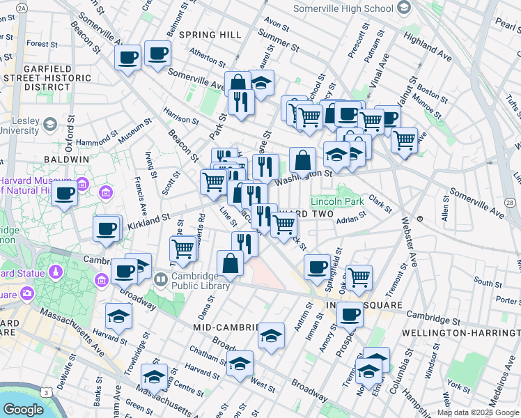 map of restaurants, bars, coffee shops, grocery stores, and more near 24 Beacon Place in Somerville