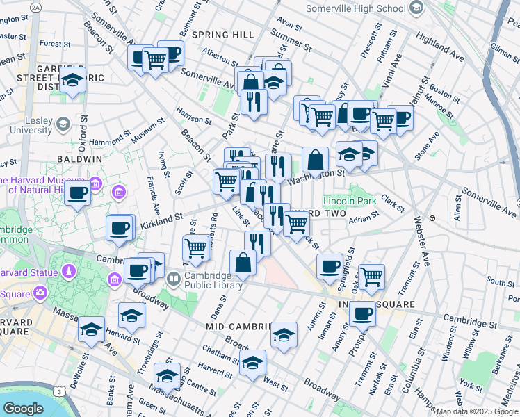 map of restaurants, bars, coffee shops, grocery stores, and more near in Somerville