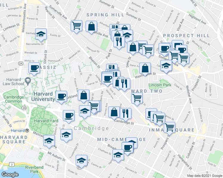 map of restaurants, bars, coffee shops, grocery stores, and more near 100 Kirkland Street in Cambridge