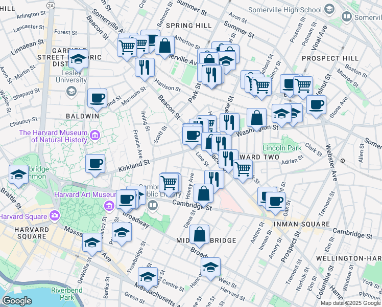 map of restaurants, bars, coffee shops, grocery stores, and more near 100 Kirkland Street in Cambridge