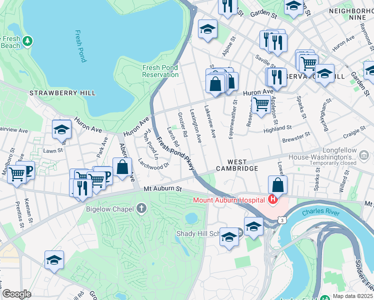 map of restaurants, bars, coffee shops, grocery stores, and more near 71 Larch Road in Cambridge