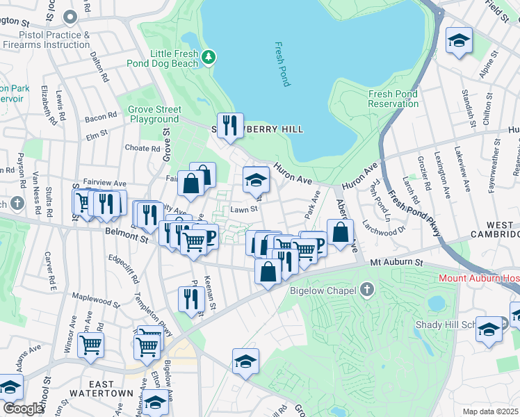 map of restaurants, bars, coffee shops, grocery stores, and more near 110 Cushing Street in Cambridge