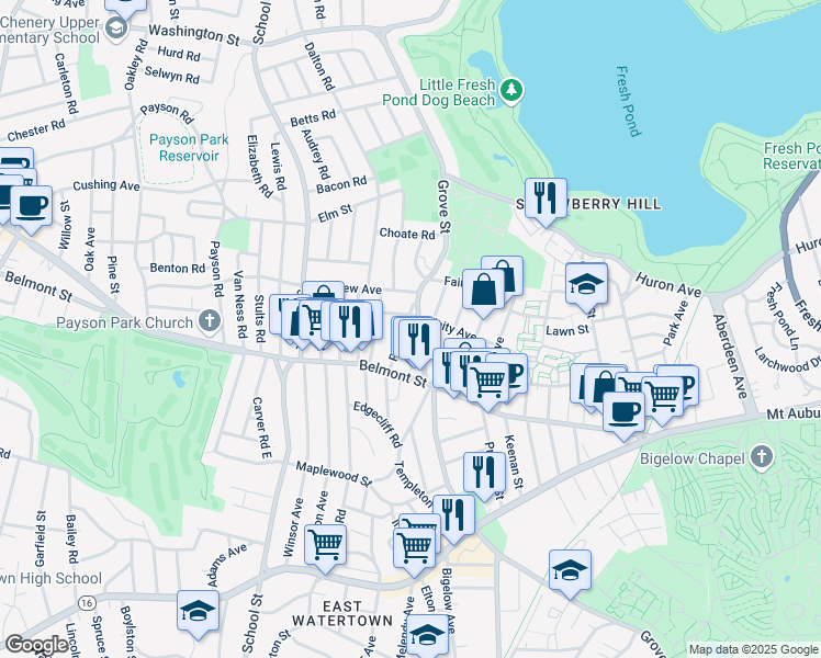 map of restaurants, bars, coffee shops, grocery stores, and more near 62 Unity Avenue in Belmont