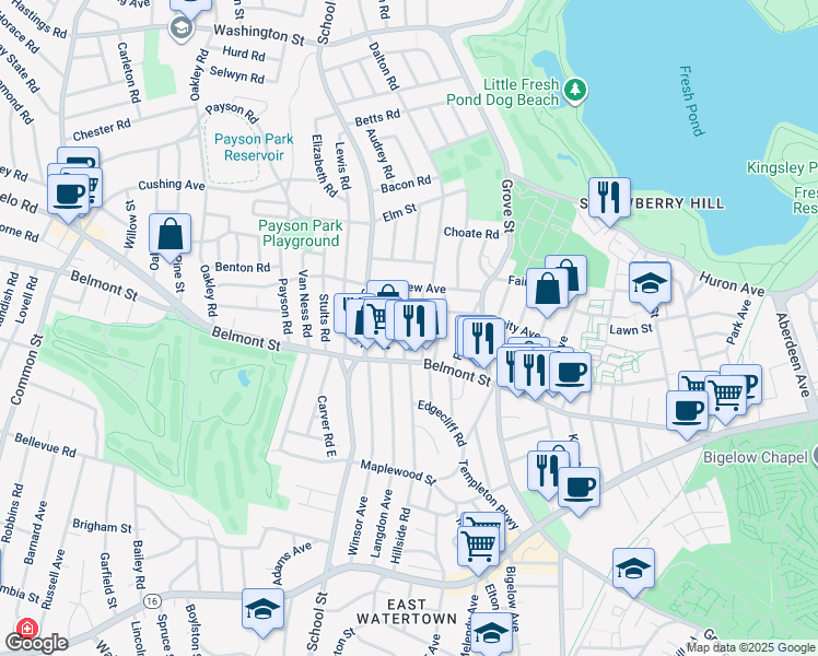 map of restaurants, bars, coffee shops, grocery stores, and more near 32 Springfield Street in Belmont