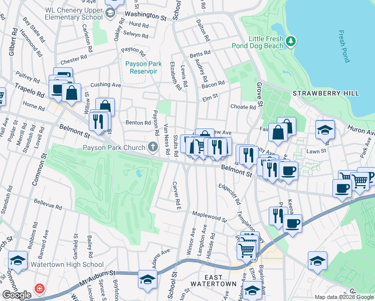 map of restaurants, bars, coffee shops, grocery stores, and more near 24-26 Lewis Road in Belmont