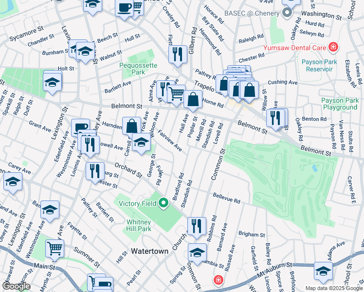 map of restaurants, bars, coffee shops, grocery stores, and more near 123 Locke Street in Watertown
