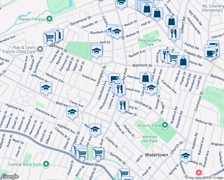 map of restaurants, bars, coffee shops, grocery stores, and more near 5 Lowell Avenue in Watertown