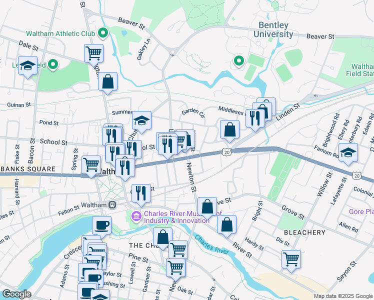 map of restaurants, bars, coffee shops, grocery stores, and more near 18 Harris Street in Waltham