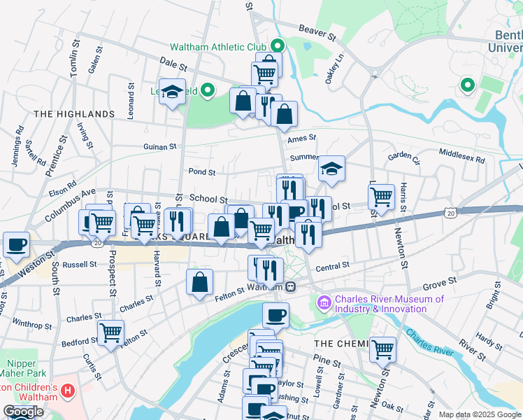 map of restaurants, bars, coffee shops, grocery stores, and more near 156 School Street in Waltham